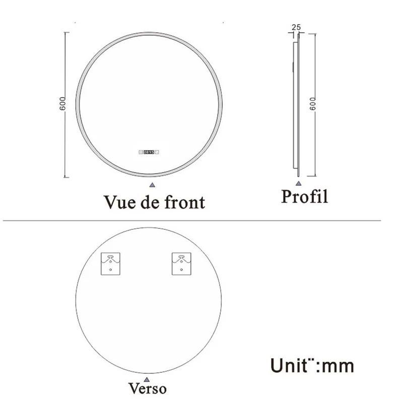 Horloge et rond miroir de salle de bain LED tricolore anti-buée 60/70/80cm