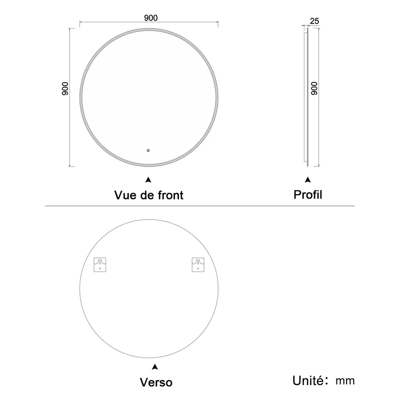 LED Miroir rond de salle de bain anti-buée tactile + lumière blanche froide 90/100/120cm