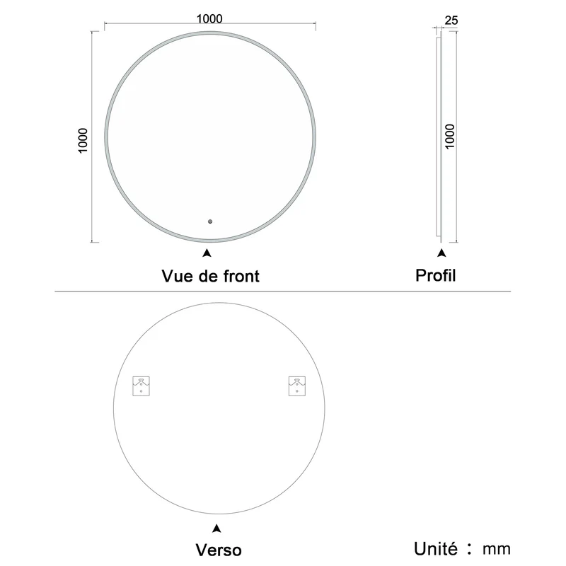 LED Miroir rond de salle de bain anti-buée tactile + lumière blanche froide 90/100/120cm