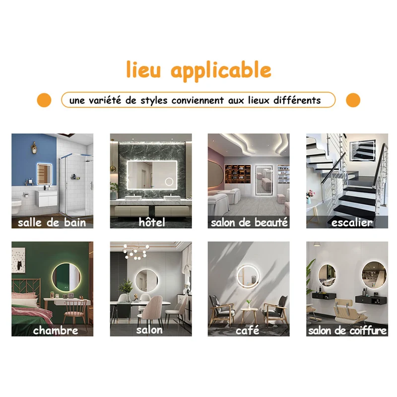 LED Miroir rond de salle de bain anti-buée tactile + lumière blanche froide 90/100/120cm