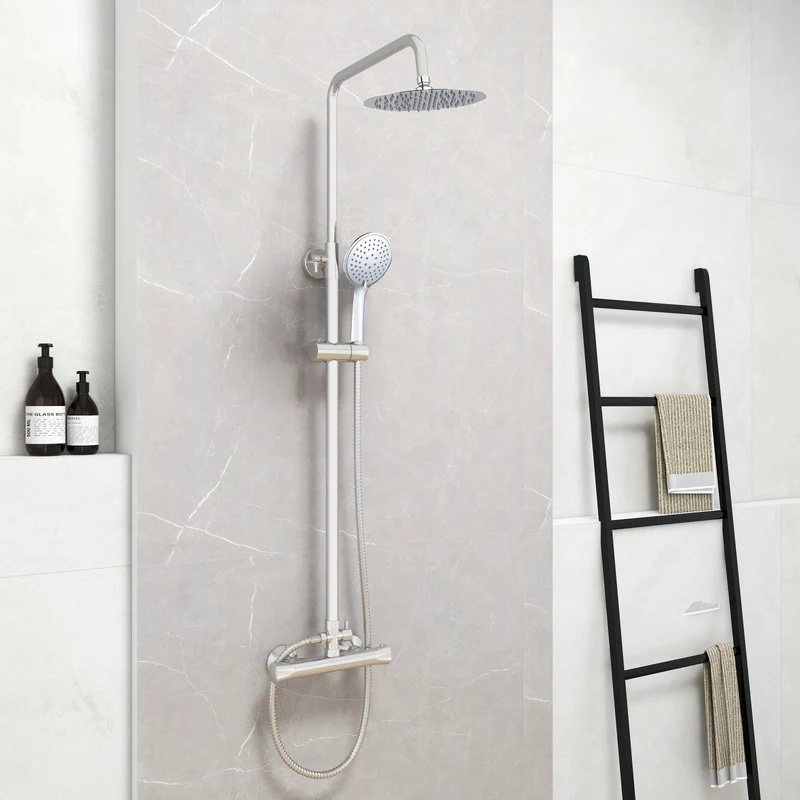 Colonne de Douche Thermostatiaue avec 1.5M Tuyau de Douche en Acier Inoxyable Le Robinet Rmostatic et Chrome Lumineux