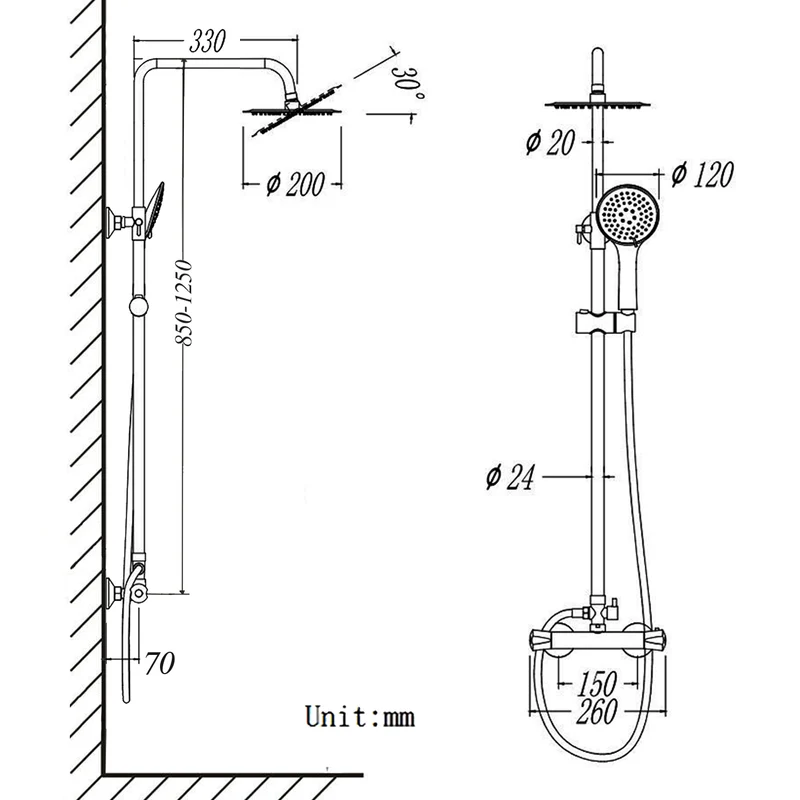 Colonne de Douche Thermostatiaue avec 1.5M Tuyau de Douche en Acier Inoxyable Le Robinet Rmostatic et Chrome Lumineux