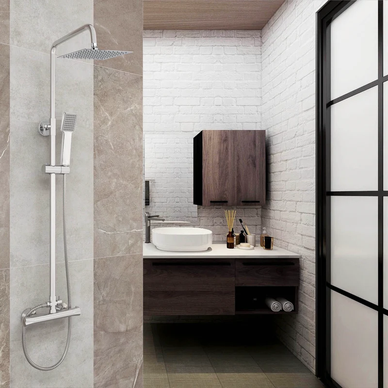 Colonne de Douche Thermostatiaue avec 1.5M Tuyau de Douche en Acier Inoxyable Le Robinet Rmostatic et Chrome Lumineux