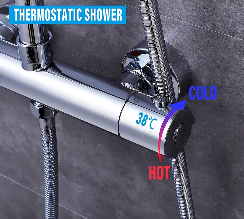 Colonne de Douche Thermostatique Réglable en Hauteur Colonne de Douche Mecanique Kit Set de Douche en Laiton Chromé Solide