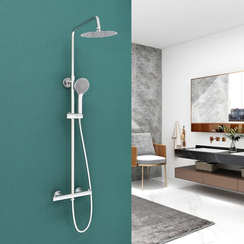 Colonne de Douche Thermostatique Réglable en Hauteur Colonne de Douche Mecanique Kit Set de Douche en Laiton Chromé Solide