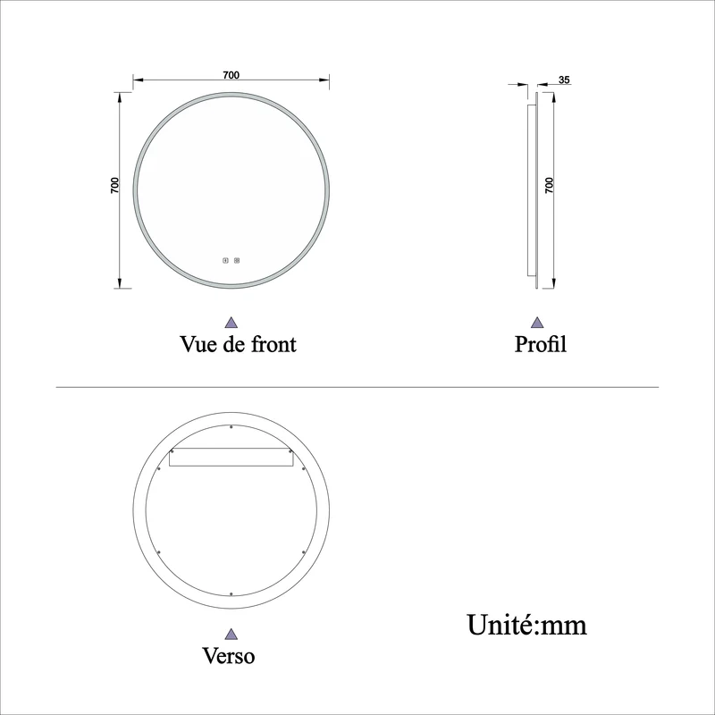 Miroir rond LED Bluetooth simple avec anti-buée et miroir de salle de bain tactile 60/70/80cm