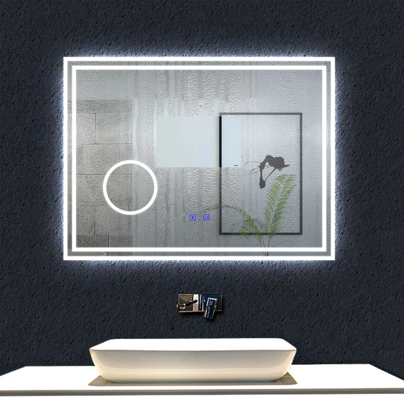 LED simple bluetooth tricolore anti-buée miroir tactile avec miroir grossissant 3X,suspendu horizontalement 80/100/120/140/160cm