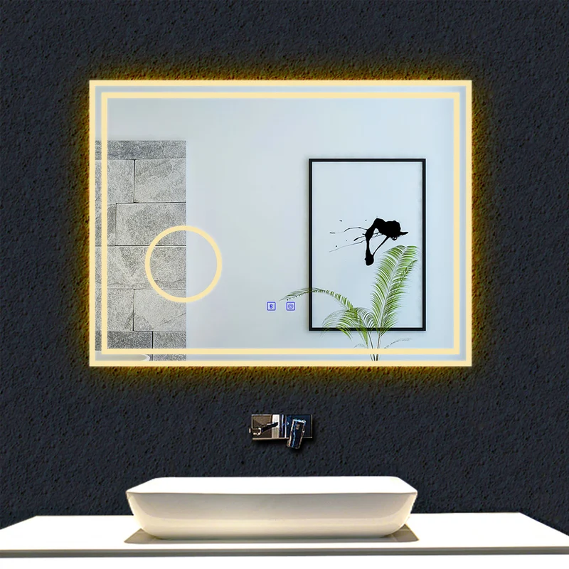LED simple bluetooth tricolore anti-buée miroir tactile avec miroir grossissant 3X,suspendu horizontalement 80/100/120/140/160cm