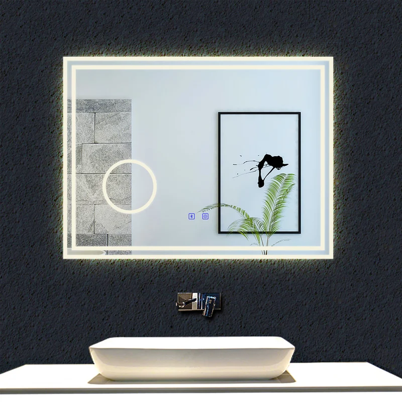 LED simple bluetooth tricolore anti-buée miroir tactile avec miroir grossissant 3X,suspendu horizontalement 80/100/120/140/160cm