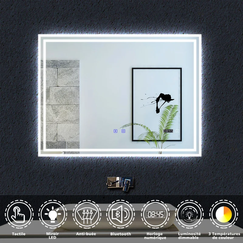 Miroir tactile antibuée LED tricolore avec Bluetooth simple et horloge, 70/80/100/120/140/160 cm