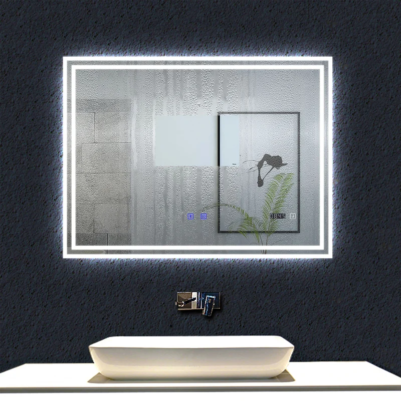 Miroir tactile antibuée LED tricolore avec Bluetooth simple et horloge, 70/80/100/120/140/160 cm