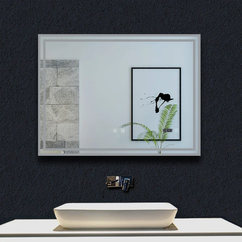 Miroir tactile antibuée LED tricolore avec Bluetooth simple et horloge, 70/80/100/120/140/160 cm