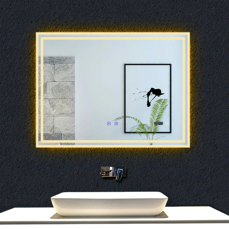 Miroir tactile antibuée LED tricolore avec Bluetooth simple et horloge, 70/80/100/120/140/160 cm