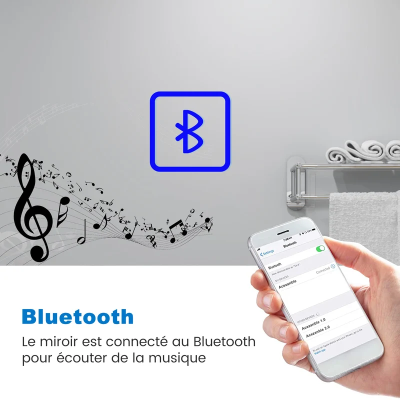 Miroir tactile antibuée LED tricolore avec Bluetooth simple et horloge, 70/80/100/120/140/160 cm