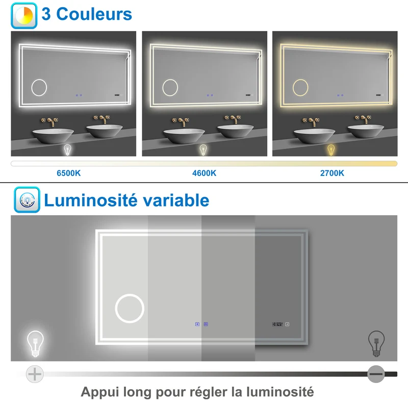 Miroir tactile antibuée LED tricolore avec Bluetooth simple et horloge, 70/80/100/120/140/160 cm