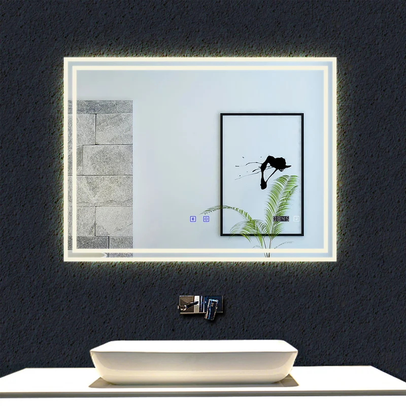 Miroir tactile antibuée LED tricolore avec Bluetooth simple et horloge, 70/80/100/120/140/160 cm