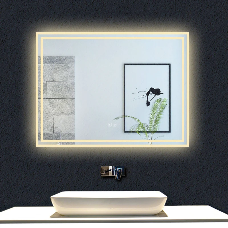 Miroir tactile Bluetooth simple tricolore avec antibuée suspendu horizontalement 70/80/100/120/140/160cm
