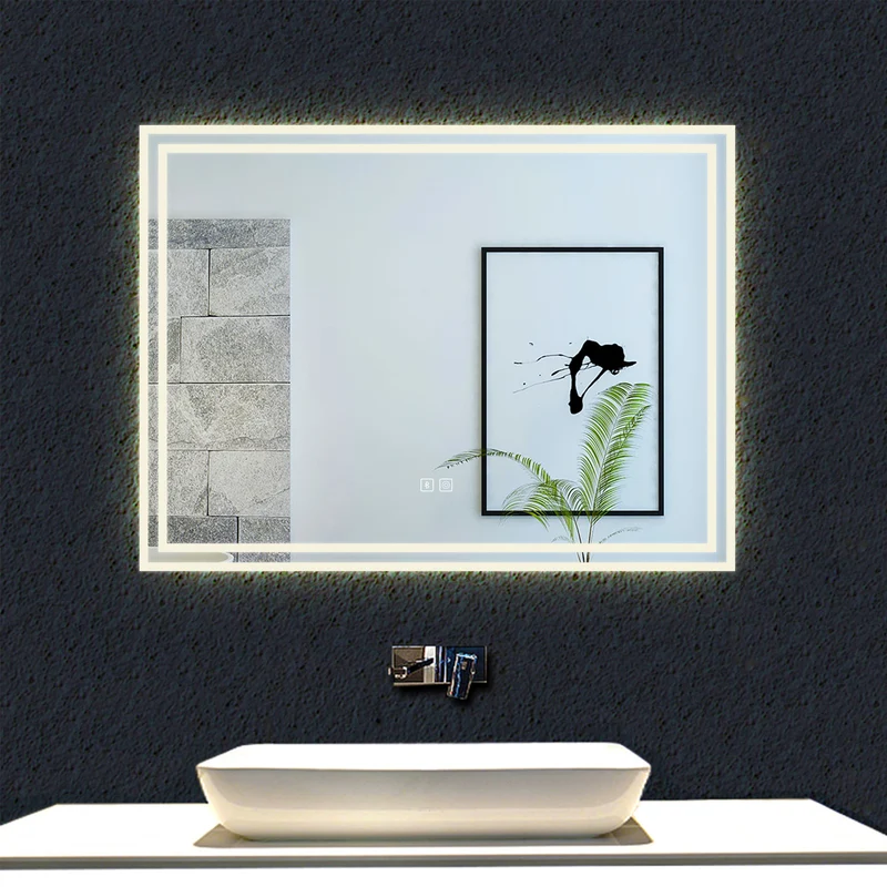 Miroir tactile Bluetooth simple tricolore avec antibuée suspendu horizontalement 70/80/100/120/140/160cm