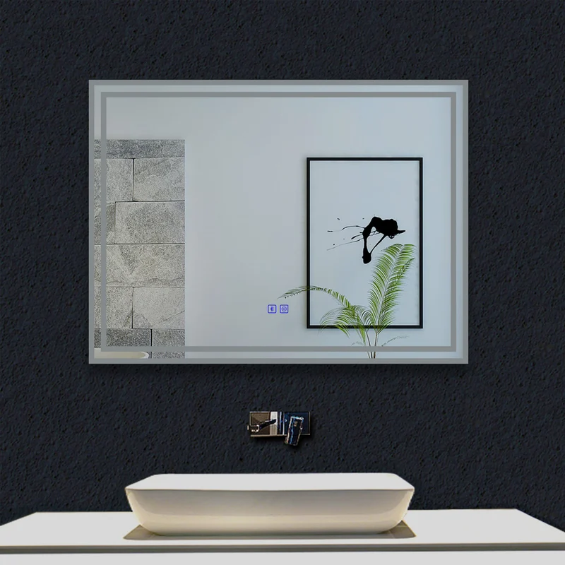 Miroir tactile Bluetooth simple tricolore avec antibuée suspendu horizontalement 70/80/100/120/140/160cm