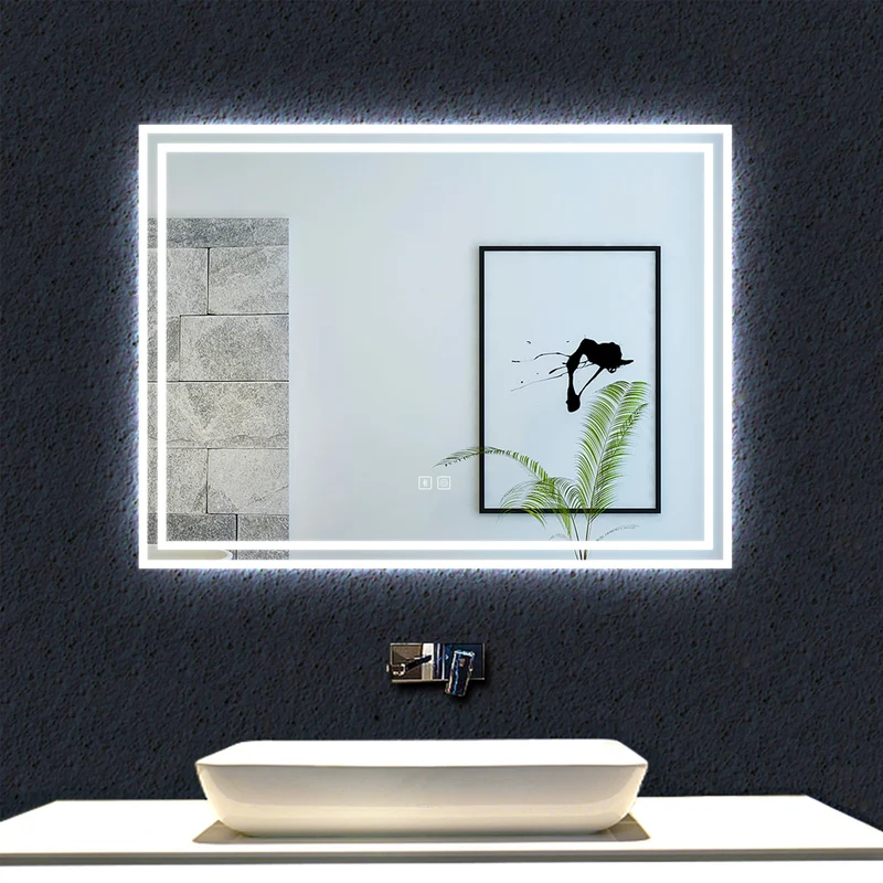 Miroir tactile Bluetooth simple tricolore avec antibuée suspendu horizontalement 70/80/100/120/140/160cm