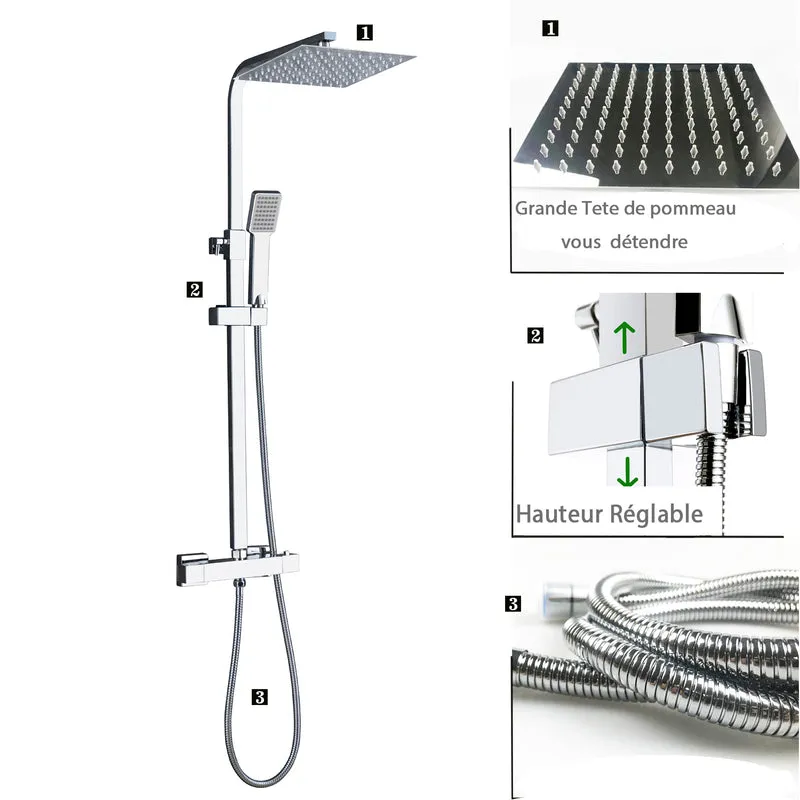 Océan mitigeur de douche thermostatique exposé salle de bain tête double grand ensemble de barre carrée Chrome