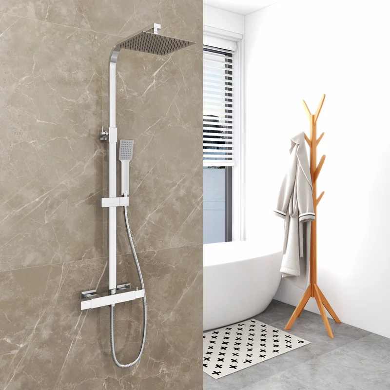 Colonne de douche thermostatique exposé salle de bain tête double grand ensemble de barre carrée Chrome