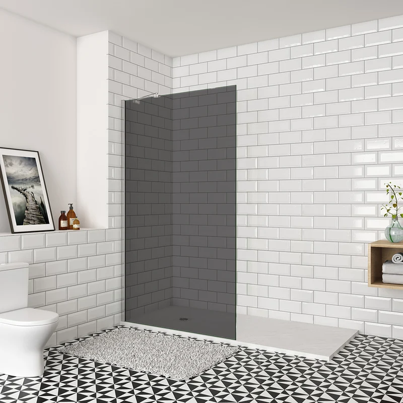 Paroi de douche verre anti-calcaire fumé 100x200cm avec une barre de stabilisation 45cm
