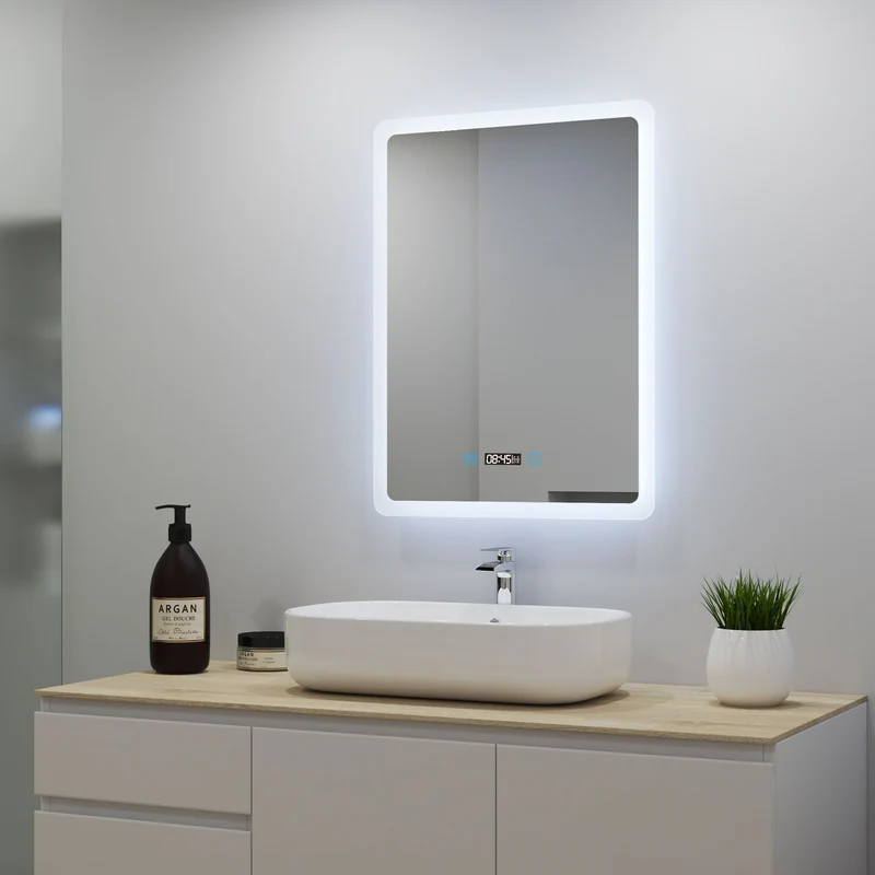 Ocean Miroir salle de bain LED avec éclairag + miroir mural cosmétique lumineux + anti-buée + Horloge numérique et date + Vertical