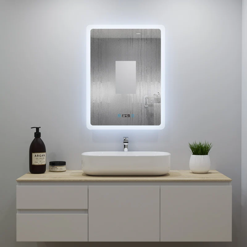 Ocean Miroir salle de bain LED avec éclairag + miroir mural cosmétique lumineux + anti-buée + Horloge numérique et date + Vertical