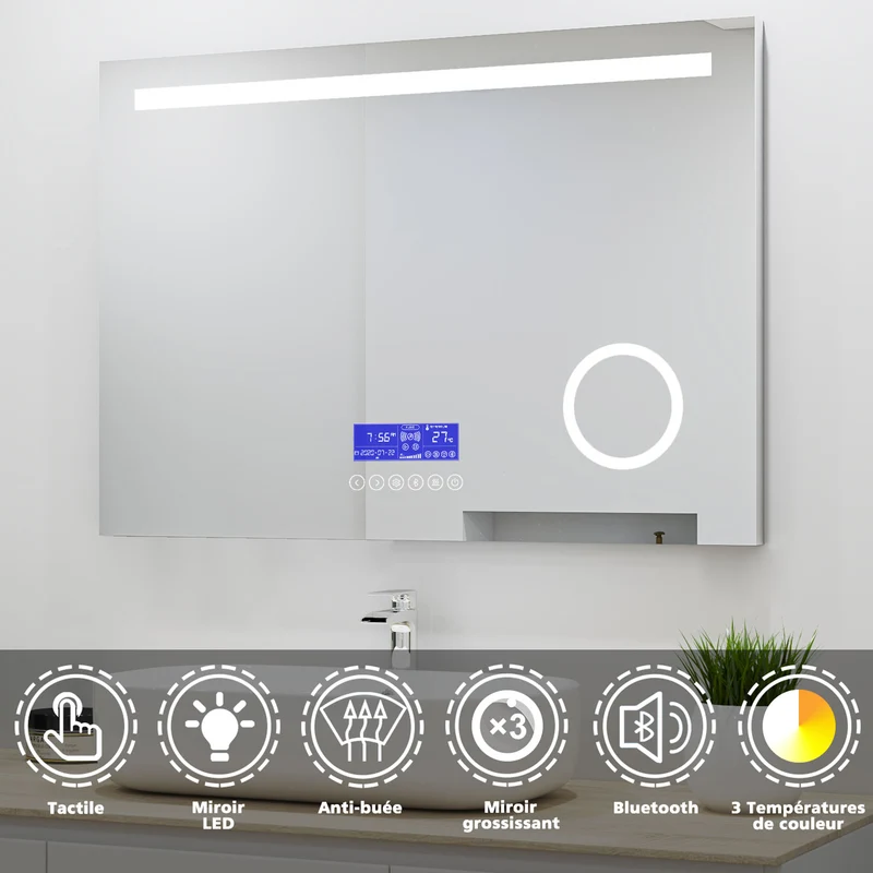 Ocean Miroir salle de bain LED avec éclairag + miroir mural cosmétique lumineux + 3couleurs LED réglables+ anti-buée + Bluetooth + miroir grossissant+Horzontal