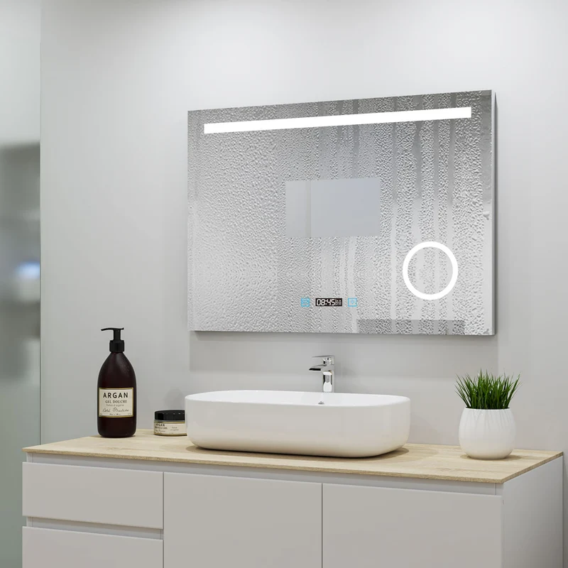 Ocean Miroir salle de bain LED avec éclairag + miroir mural cosmétique lumineux + anti-buée + Horloge numérique et date + miroir grossissant+Horzontal