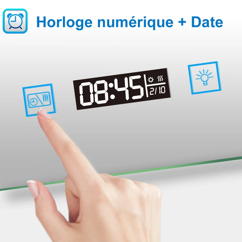 Ocean Miroir salle de bain LED avec éclairag + miroir mural cosmétique lumineux + anti-buée + Horloge numérique et date + miroir grossissant+Horzontal