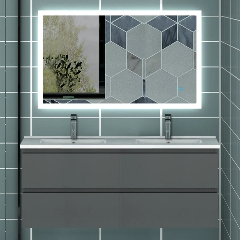 Meuble couleur blanc mat/ anthracite/ bois clair de salle de bain suspend avec 4 titoirs et double vasques (en céramique)