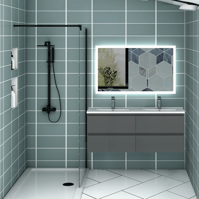 Meuble couleur blanc mat/ anthracite/ bois clair de salle de bain suspend avec 4 titoirs et double vasques (en céramique)