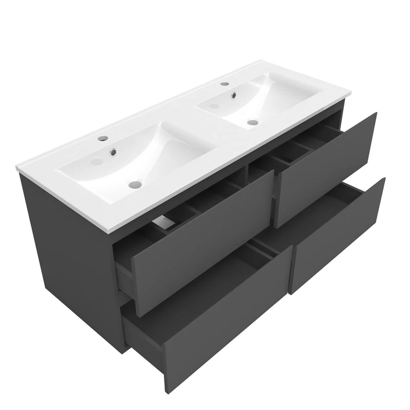 Meuble couleur blanc mat/ anthracite/ bois clair de salle de bain suspend avec 4 titoirs et double vasques (en céramique)