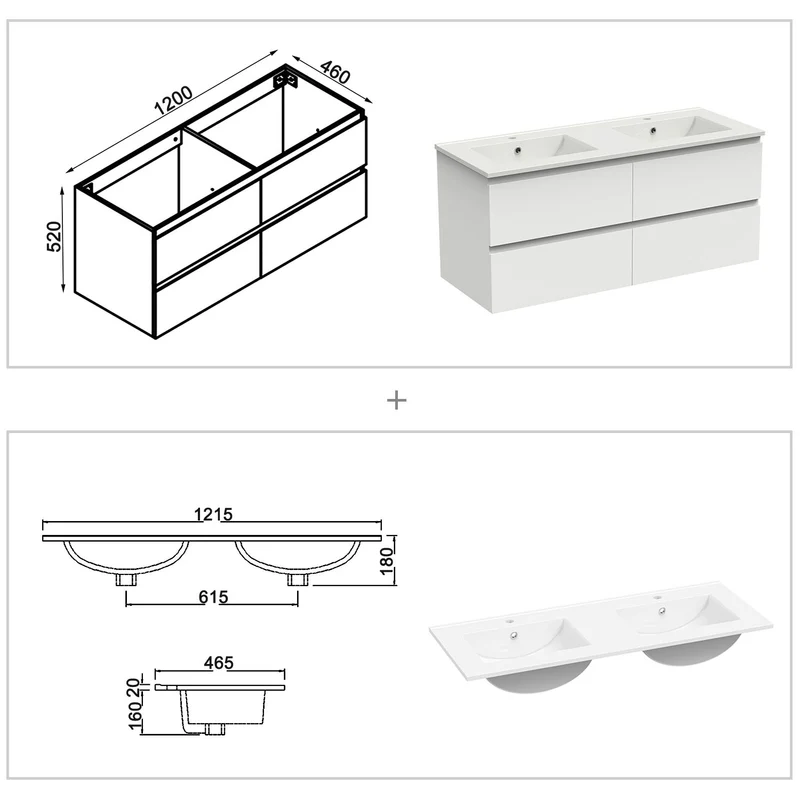 Meuble couleur blanc mat/ anthracite/ bois clair de salle de bain suspend avec 4 titoirs et double vasques (en céramique)