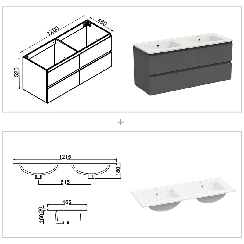 Meuble couleur blanc mat/ anthracite/ bois clair de salle de bain suspend avec 4 titoirs et double vasques (en céramique)