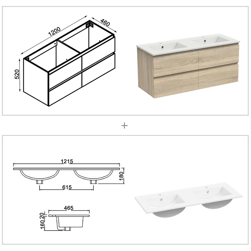 Meuble couleur blanc mat/ anthracite/ bois clair de salle de bain suspend avec 4 titoirs et double vasques (en céramique)
