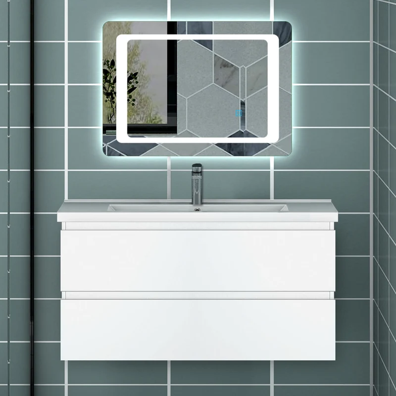Meuble avec un plan vasque en céramique, Meuble suspendu, couleur blanc/anthracite/bois clair