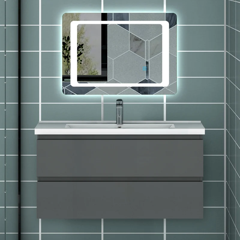 Meuble avec un plan vasque en céramique, Meuble suspendu, couleur blanc/anthracite/bois clair