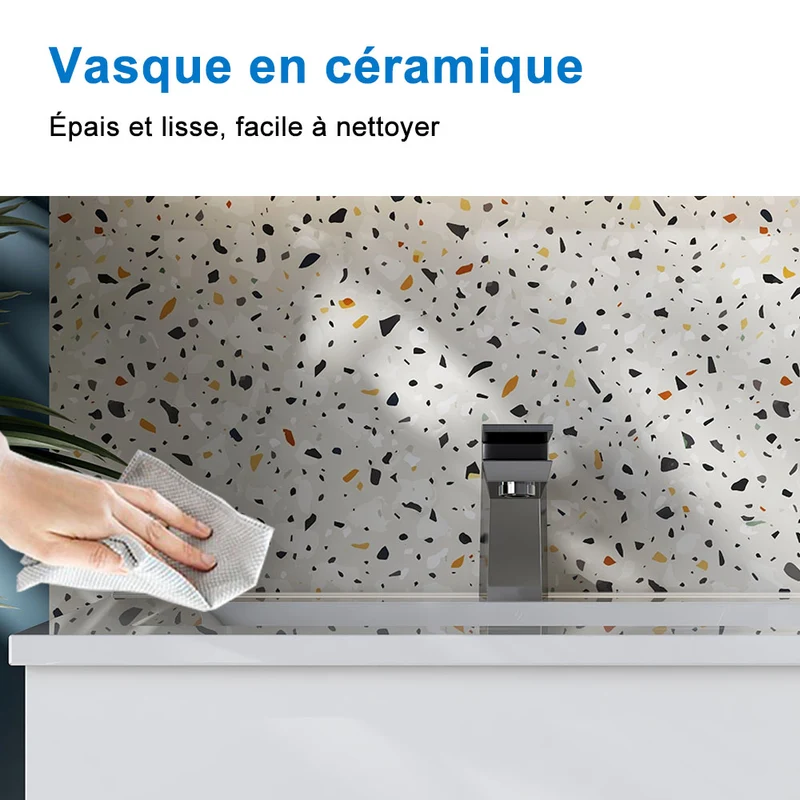 Meuble avec un plan vasque en céramique, Meuble suspendu, couleur blanc/anthracite/bois clair