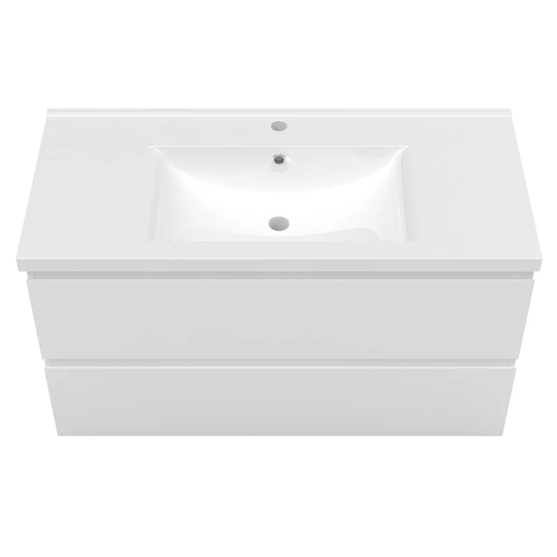 Meuble avec un plan vasque en céramique, Meuble suspendu, couleur blanc/anthracite/bois clair