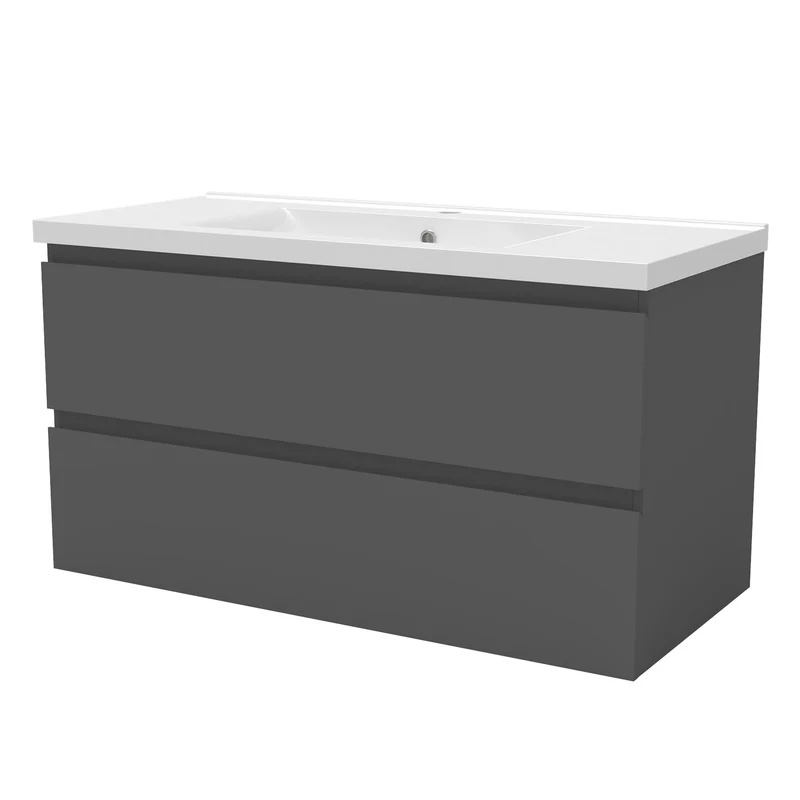 Meuble avec un plan vasque en céramique, Meuble suspendu, couleur blanc/anthracite/bois clair