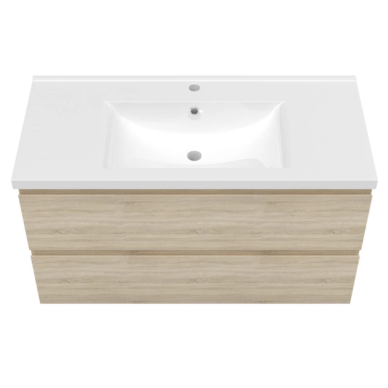 Meuble avec un plan vasque en céramique, Meuble suspendu, couleur blanc/anthracite/bois clair