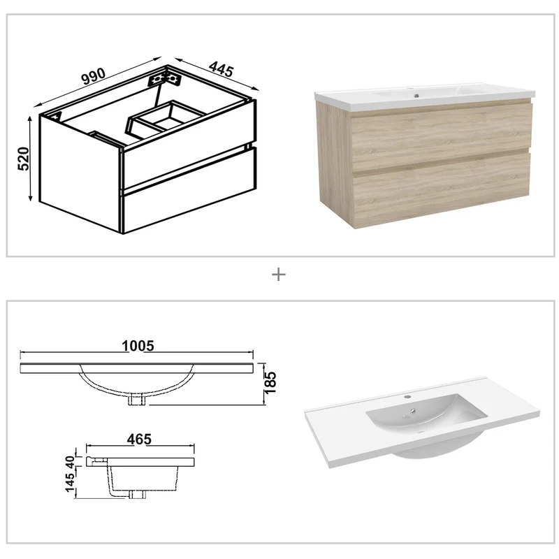 Meuble avec un plan vasque en céramique, Meuble suspendu, couleur blanc/anthracite/bois clair