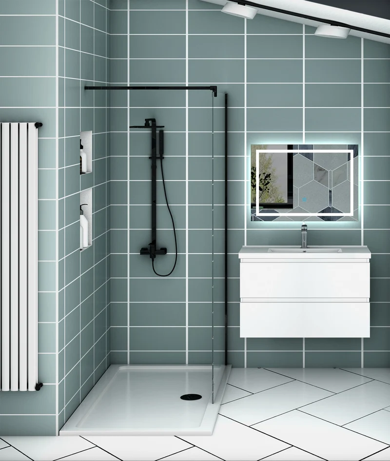 Meuble de salle de bain, Meuble blanc mat/ anthracite/bois clair avec 2 tiroirs & plan vasque en céramique
