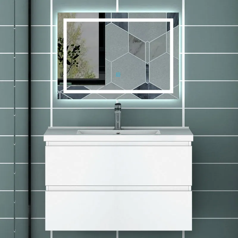 Meuble de salle de bain, Meuble blanc mat/ anthracite/bois clair avec 2 tiroirs & plan vasque en céramique