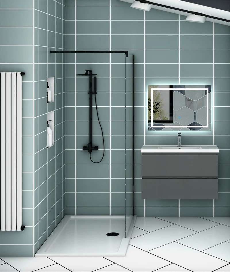 Meuble de salle de bain, Meuble blanc mat/ anthracite/bois clair avec 2 tiroirs & plan vasque en céramique