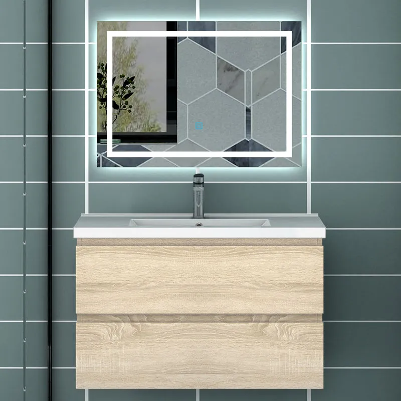 Meuble de salle de bain, Meuble blanc mat/ anthracite/bois clair avec 2 tiroirs & plan vasque en céramique
