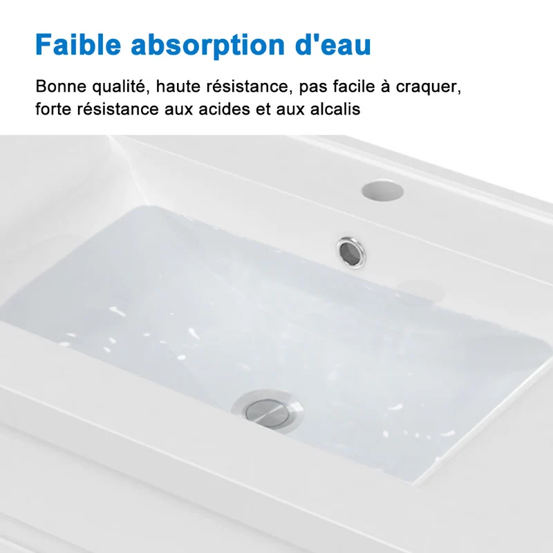 Meuble de salle de bain, Meuble blanc mat/ anthracite/bois clair avec 2 tiroirs & plan vasque en céramique